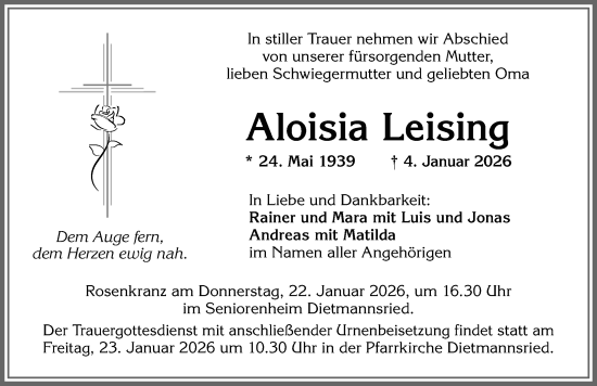 Traueranzeige von Aloisia Leising von Allgäuer Zeitung,Kempten
