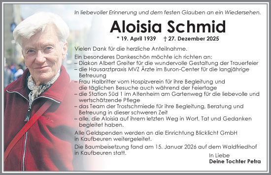 Traueranzeige von Aloisia Schmid von Allgäuer Zeitung, Kaufbeuren/Buchloe