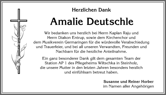 Traueranzeige von Amalie Deutschle von Allgäuer Zeitung, Kaufbeuren/Buchloe