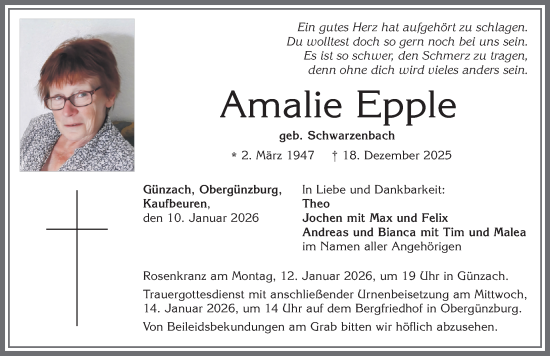 Traueranzeige von Amalie Epple von Allgäuer Zeitung, Marktoberdorf