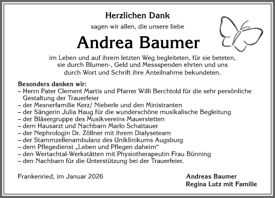 Traueranzeige von Andrea Baumer von Allgäuer Zeitung, Kaufbeuren/Buchloe