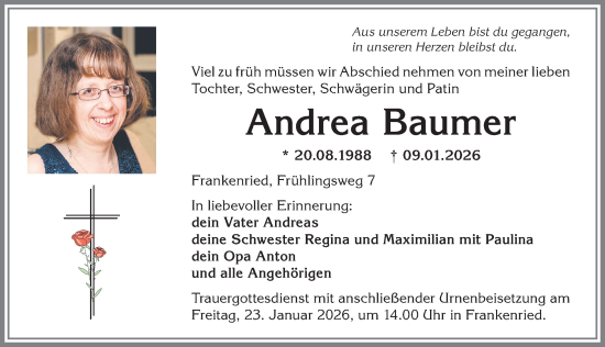 Traueranzeige von Andrea Baumer von Allgäuer Zeitung, Kaufbeuren/Buchloe