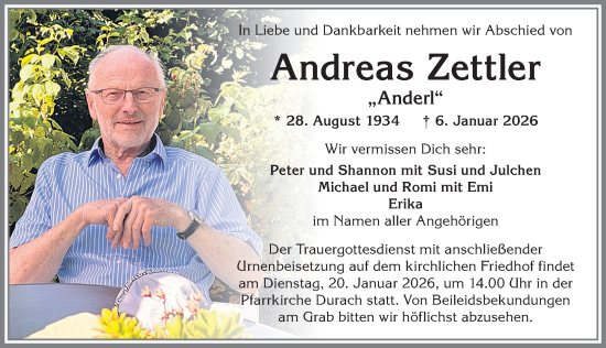 Traueranzeige von Andreas Zettler von Allgäuer Zeitung,Kempten