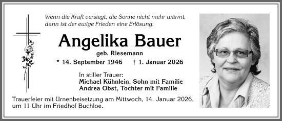 Traueranzeige von Angelika Bauer von Allgäuer Zeitung, Kaufbeuren/Buchloe