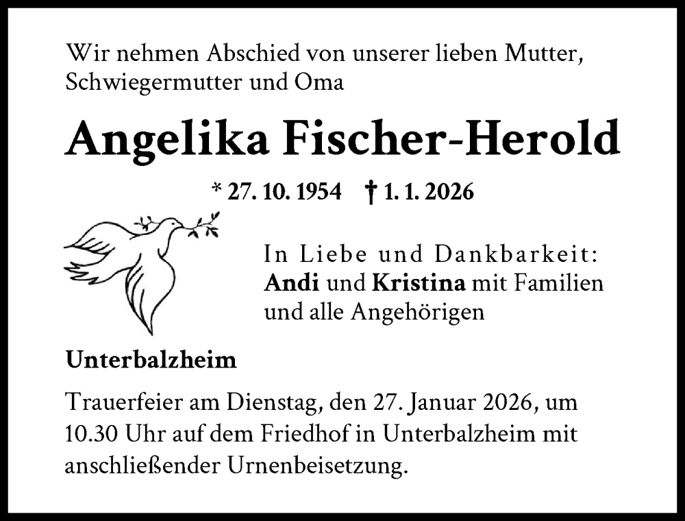  Traueranzeige für Angelika Fischer-Herold vom 23.01.2026 aus Memminger Zeitung