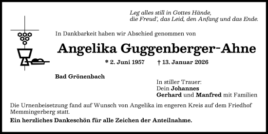 Traueranzeige von Angelika Guggenberger-Ahne von Memminger Zeitung