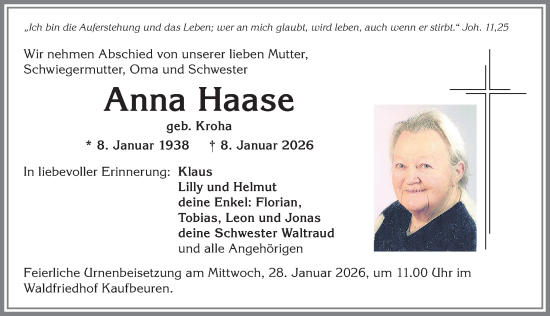 Traueranzeige von Anna Haase von Allgäuer Zeitung, Kaufbeuren/Buchloe