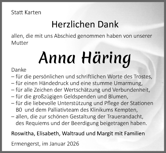 Traueranzeige von Anna Häring von Allgäuer Zeitung,Kempten