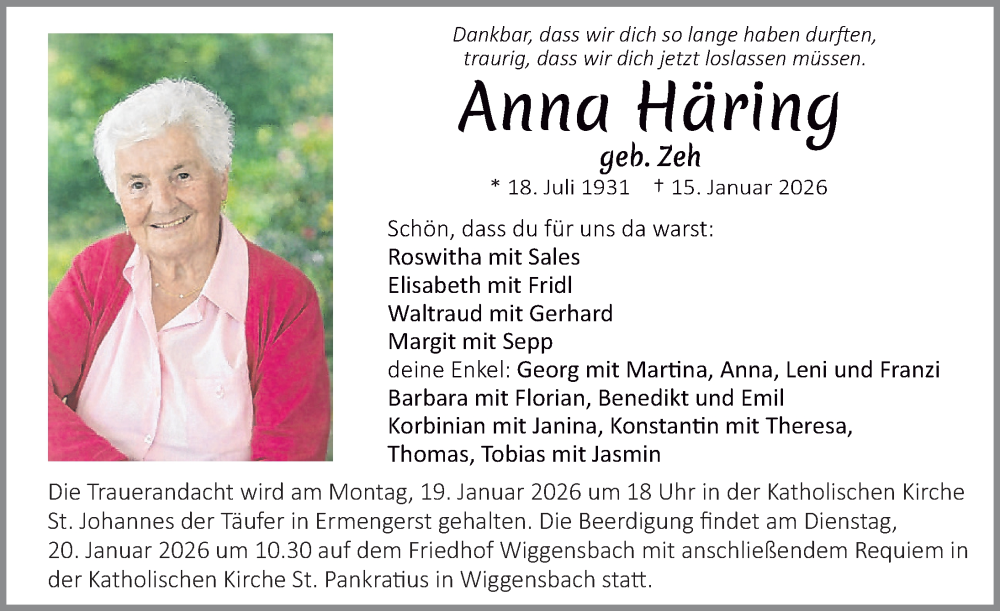  Traueranzeige für Anna Häring vom 17.01.2026 aus Allgäuer Zeitung,Kempten
