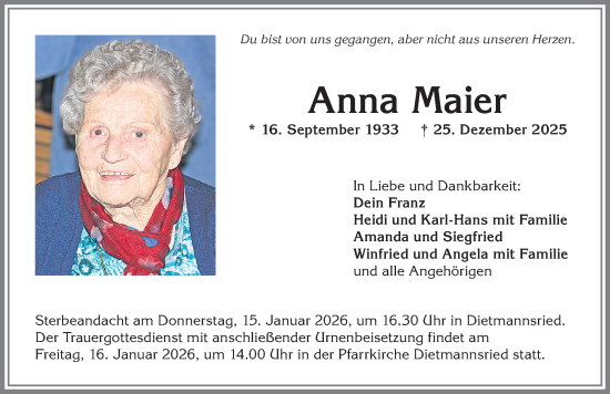 Traueranzeige von Anna Maier von Allgäuer Zeitung,Kempten