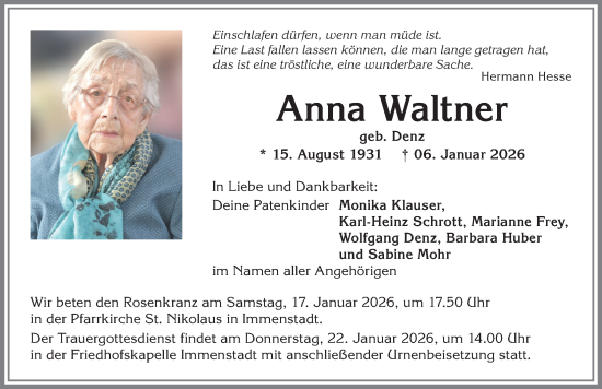 Traueranzeige von Anna Waltner von Allgäuer Anzeigeblatt