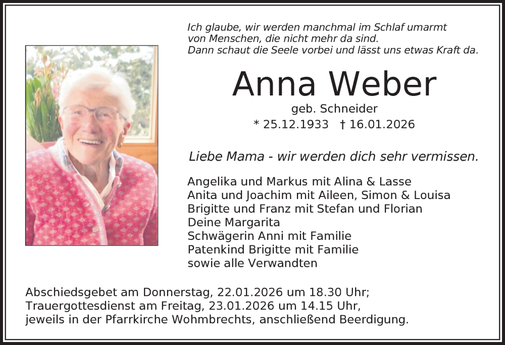  Traueranzeige für Anna Weber vom 20.01.2026 aus Der Westallgäuer