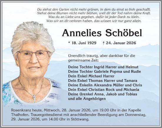 Traueranzeige von Annelies Schöbel von Allgäuer Zeitung, Kaufbeuren/Buchloe
