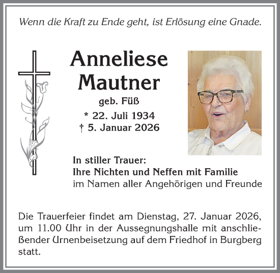 Traueranzeige von Anneliese Mautner von Allgäuer Anzeigeblatt