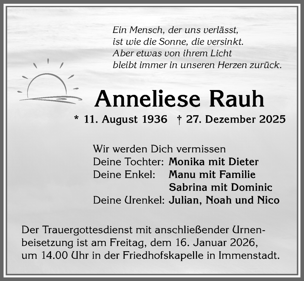  Traueranzeige für Anneliese Rauh vom 10.01.2026 aus Allgäuer Anzeigeblatt