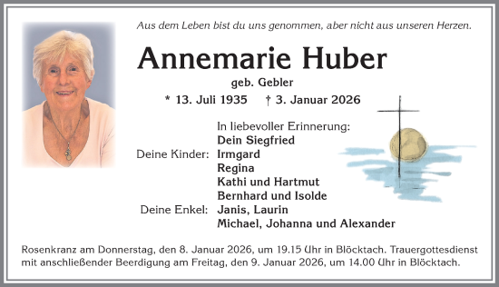 Traueranzeige von Annemarie Huber von Allgäuer Zeitung, Kaufbeuren/Buchloe