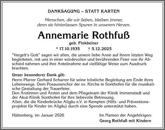 Traueranzeige von Annemarie Rothfuß von Allgäuer Anzeigeblatt