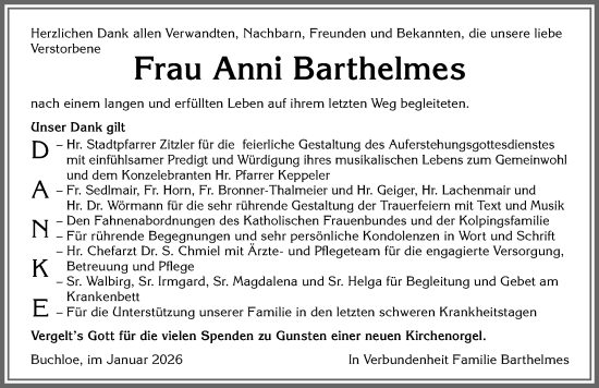 Traueranzeige von Anni Barthelmes von Allgäuer Zeitung, Kaufbeuren/Buchloe