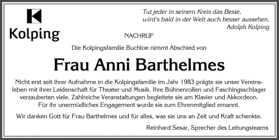 Traueranzeige von Anni Barthelmes von Allgäuer Zeitung, Kaufbeuren/Buchloe