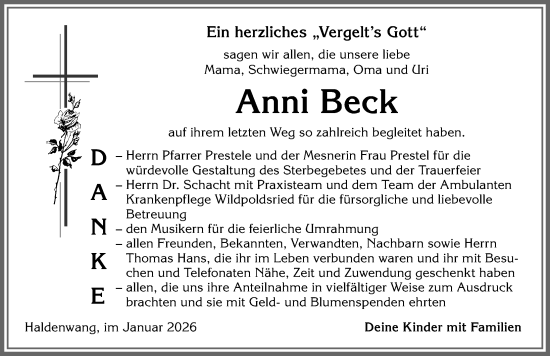 Traueranzeige von Anni Beck von Allgäuer Zeitung,Kempten