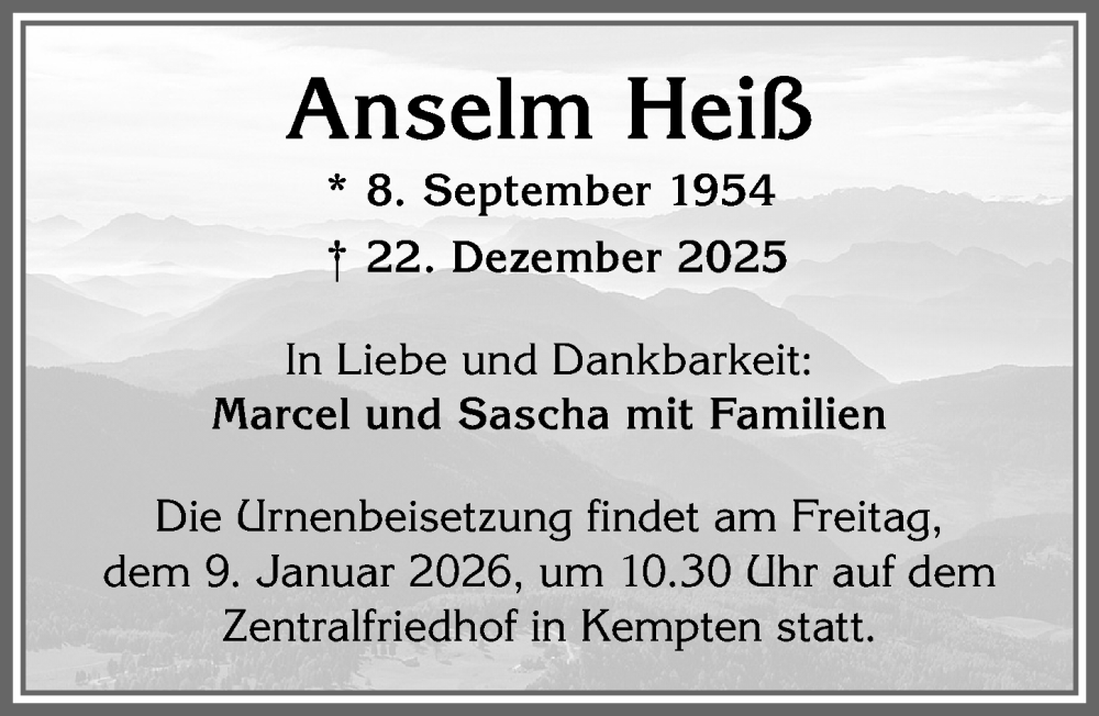  Traueranzeige für Anselm Heiß vom 03.01.2026 aus Allgäuer Zeitung,Kempten