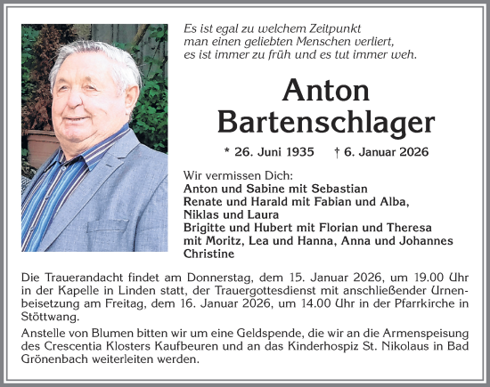 Traueranzeige von Anton Bartenschlager von Allgäuer Zeitung, Kaufbeuren/Buchloe