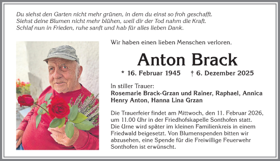 Traueranzeige von Anton Brack von Allgäuer Anzeigeblatt