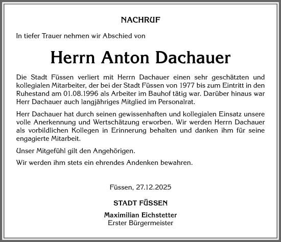 Traueranzeige von Anton Dachauer von Allgäuer Zeitung, Füssen