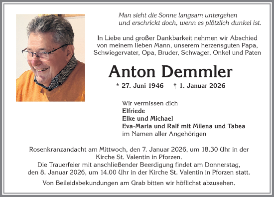 Traueranzeige von Anton Demmler von Allgäuer Zeitung, Kaufbeuren/Buchloe