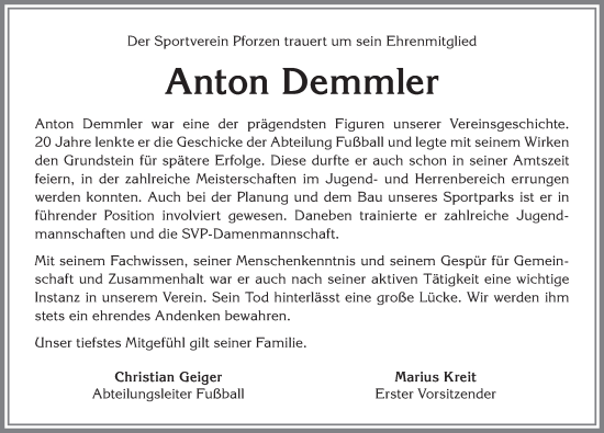Traueranzeige von Anton Demmler von Allgäuer Zeitung, Kaufbeuren/Buchloe