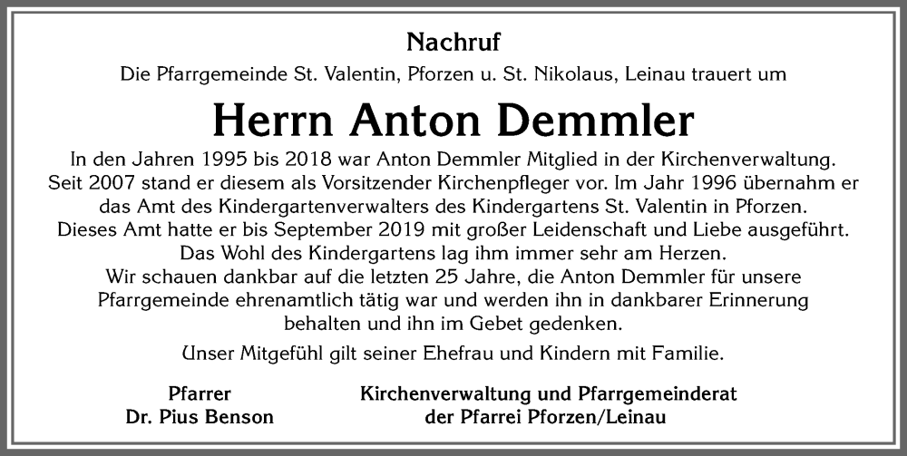  Traueranzeige für Anton Demmler vom 07.01.2026 aus Allgäuer Zeitung, Kaufbeuren/Buchloe