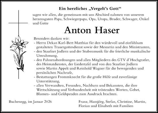 Traueranzeige von Anton Haser von Allgäuer Anzeigeblatt