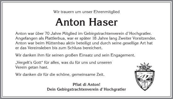 Traueranzeige von Anton Haser von Allgäuer Anzeigeblatt