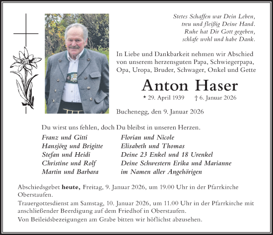 Traueranzeige von Anton Haser von Der Westallgäuer