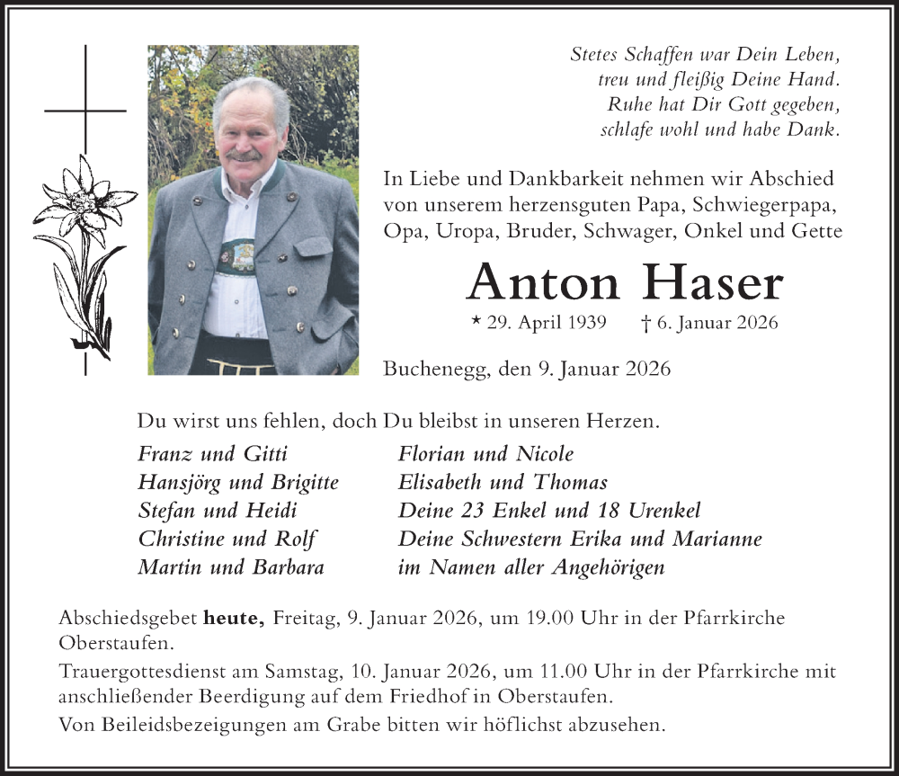  Traueranzeige für Anton Haser vom 09.01.2026 aus Der Westallgäuer