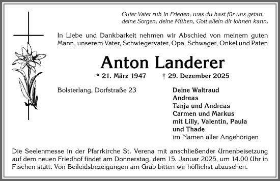 Traueranzeige von Anton Landerer von Allgäuer Anzeigeblatt