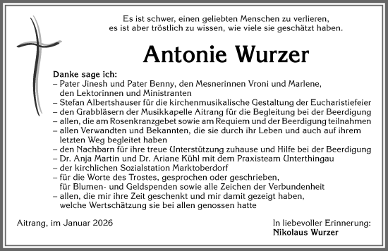 Traueranzeige von Antonie Wurzer von Allgäuer Zeitung, Marktoberdorf