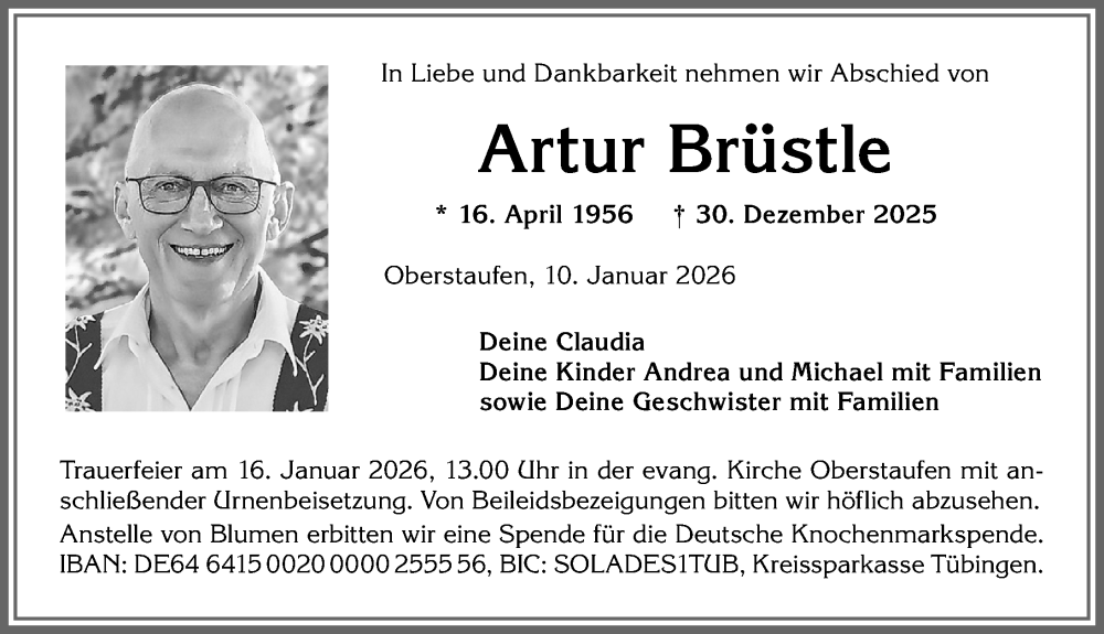  Traueranzeige für Artur Brüstle vom 10.01.2026 aus Allgäuer Anzeigeblatt