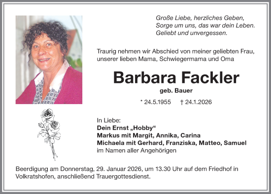 Traueranzeige von Barbara Fackler von Memminger Zeitung