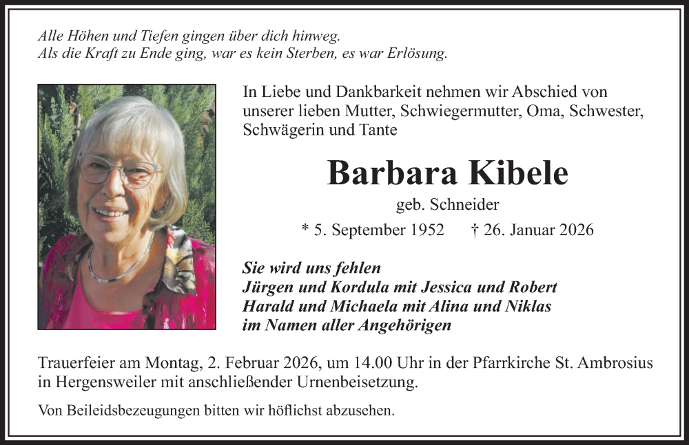  Traueranzeige für Barbara Kibele vom 28.01.2026 aus Der Westallgäuer