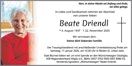 Traueranzeige von Beate Driendl von Allgäuer Zeitung, Füssen