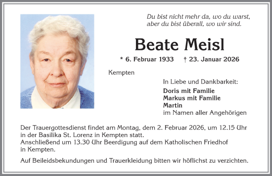 Traueranzeige von Beate Meisl von Allgäuer Zeitung,Kempten