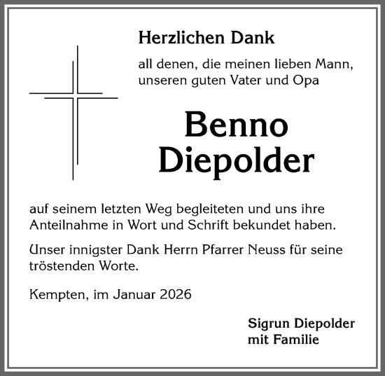 Traueranzeige von Benno Diepolder von Allgäuer Zeitung,Kempten