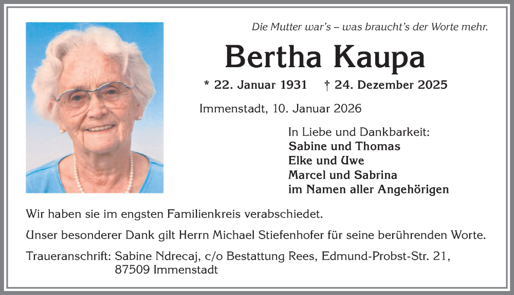  Traueranzeige für Bertha Kaupa vom 10.01.2026 aus Allgäuer Anzeigeblatt