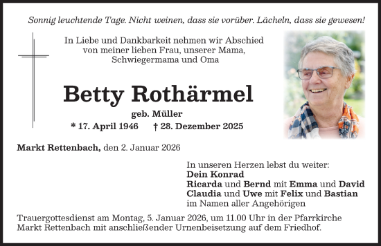Traueranzeige von Betty Rothärmel von Memminger Zeitung