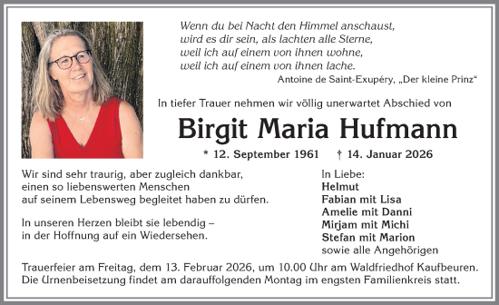 Traueranzeige von Birgit Maria Hufmann von Allgäuer Zeitung, Kaufbeuren/Buchloe
