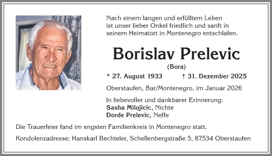 Traueranzeige von Borislav Prelevic von Allgäuer Anzeigeblatt