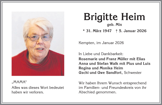 Traueranzeige von Brigitte Heim von Allgäuer Zeitung,Kempten
