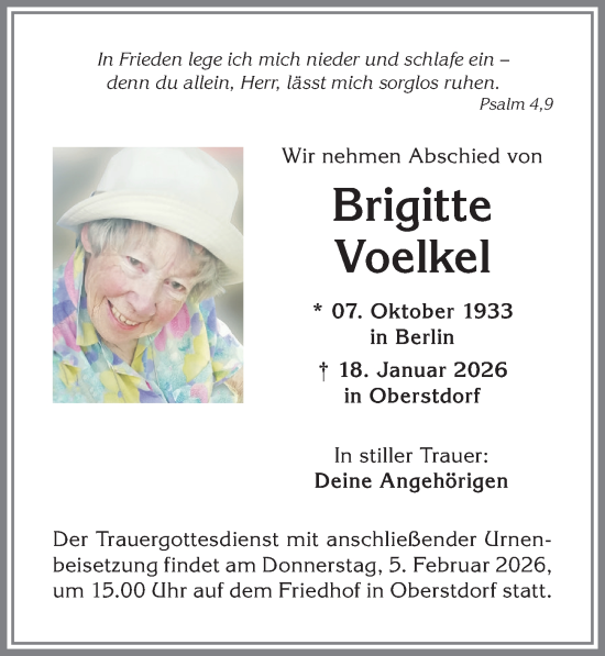 Traueranzeige von Brigitte Voelkel von Allgäuer Anzeigeblatt