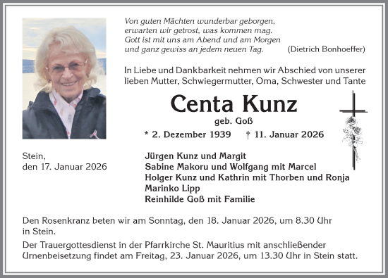 Traueranzeige von Centa Kunz von Allgäuer Anzeigeblatt